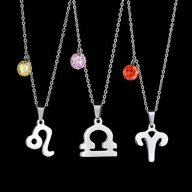Titanium Steel Zodiac Sign Pendant Necklace w/ Austrian Rhinestone Birthstone Crystal